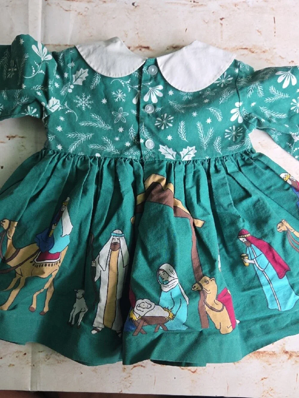 Green Holiday Print Girls' Dress with White Collar